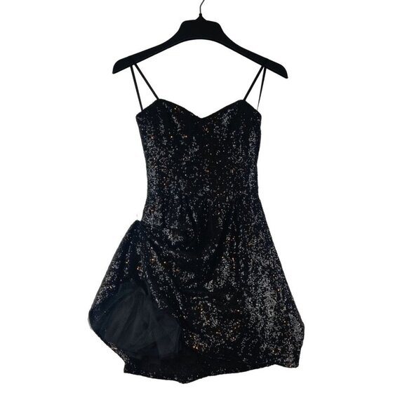 Black Sequin Sparkle Mini Cocktail Dress 7/8 Windsor Skater Spaghetti Straps - Picture 2 of 10